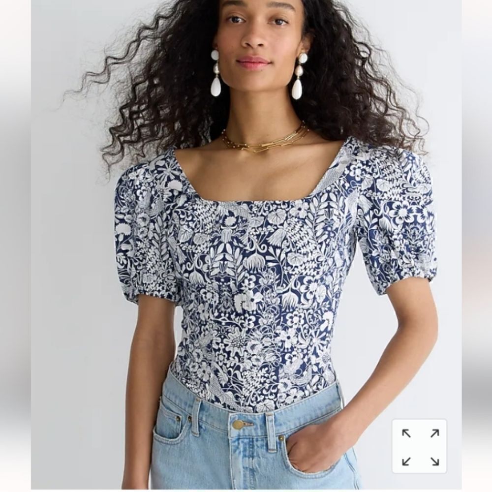 J CREW Cotton Poplin Square Neck Mermaid Print Puff Sleeve Top Size 0